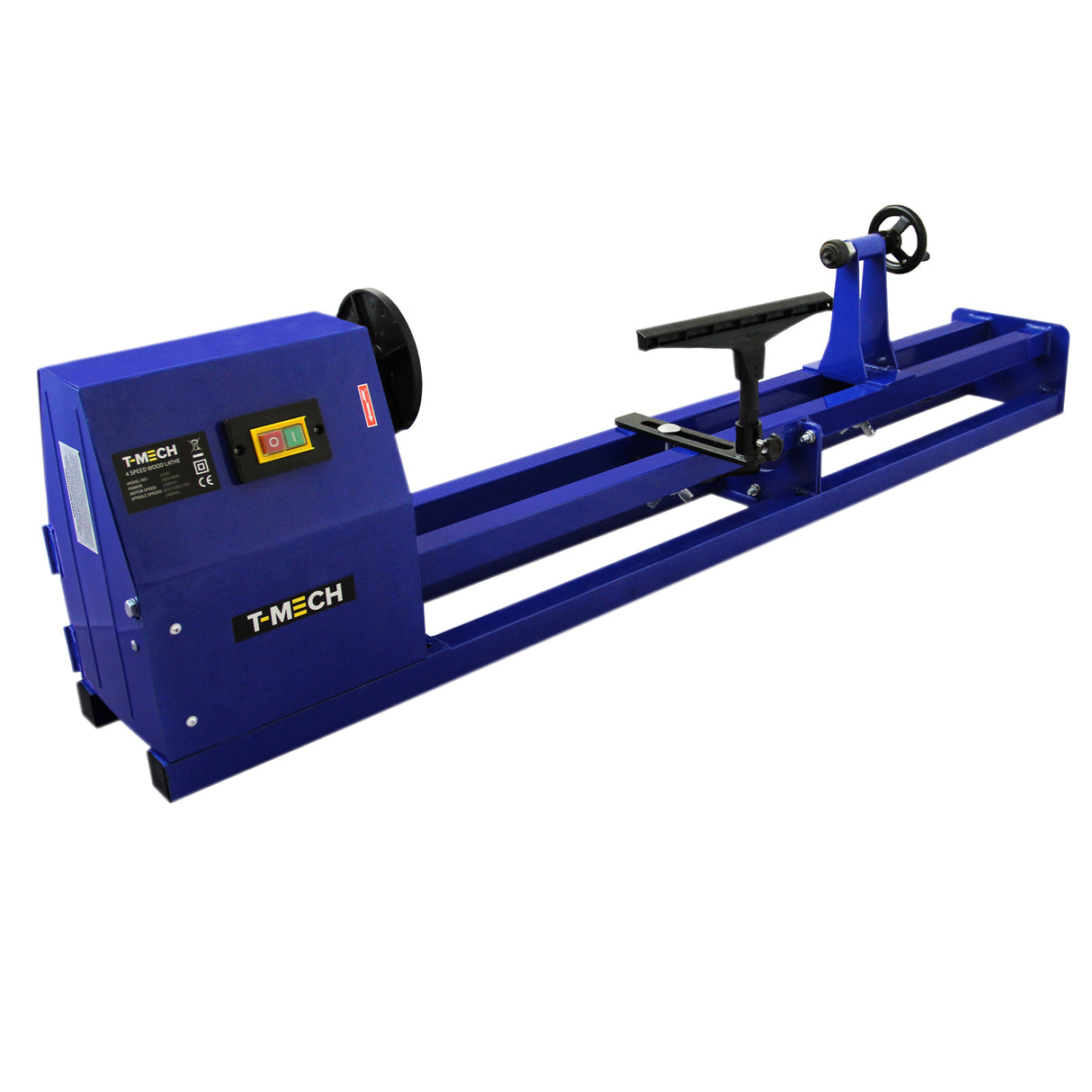 Tour à bois T-Mech en bleu, avec mandrin et accessoires, conçu pour le travail du bois, offrant robustesse et précision