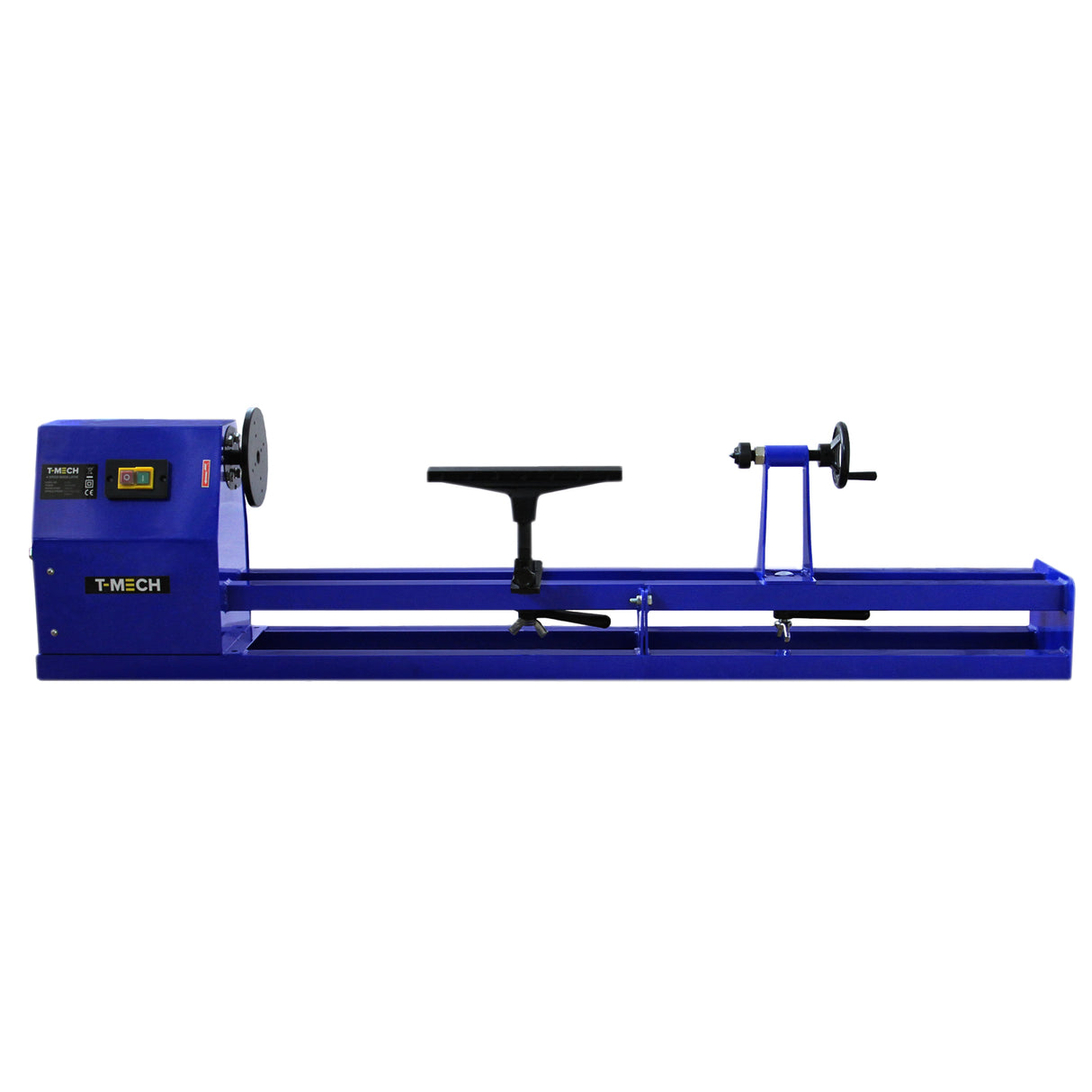 Tour à bois T-Mech en métal bleu, avec mandrin et accessoires, conçu pour le tournage précis du bois et une utilisation facile