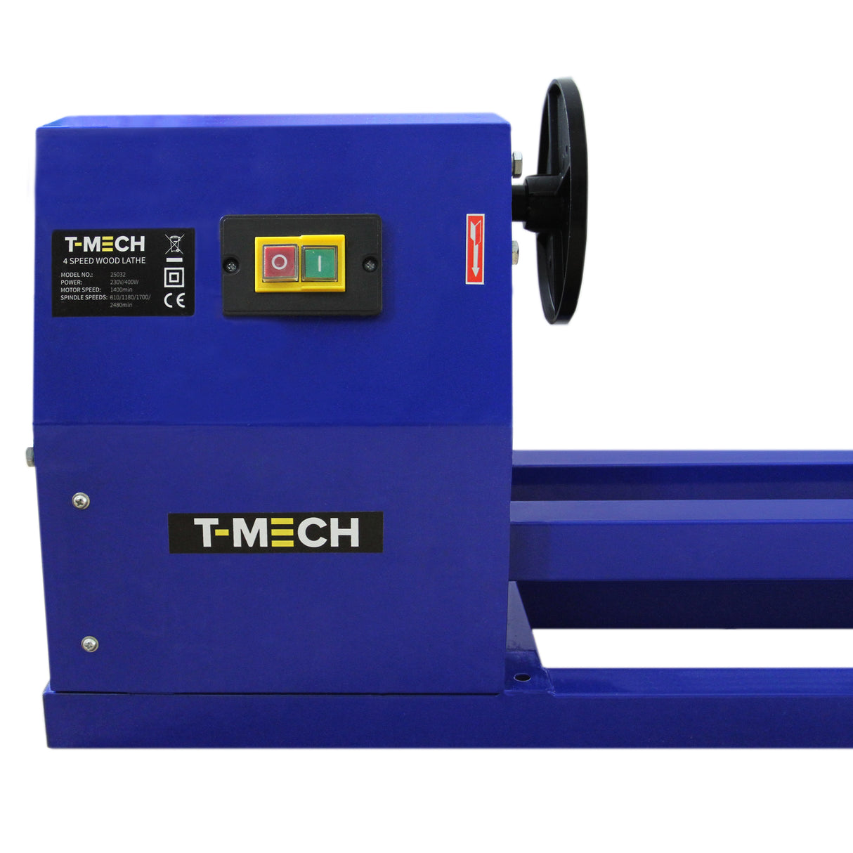 Tour à bois T-Mech bleu avec panneau de contrôle coloré, mandrin et accessoires, conçu pour le travail du bois avec précision