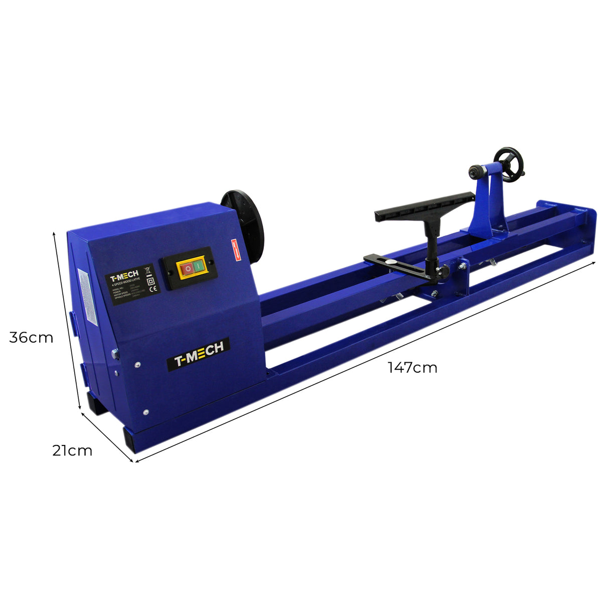 Tour à bois T-Mech en bleu vif, avec un mandrin et des accessoires, dimensions 147 cm de long, 36 cm de haut et 21 cm de large