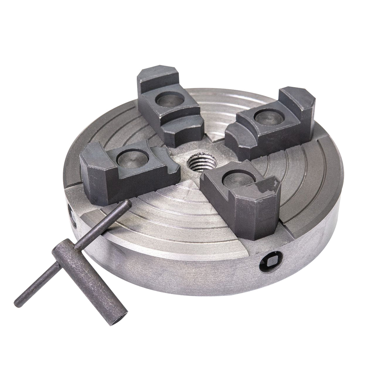 Mandrin en métal gris avec trois mors ajustables, surface lisse et rayures circulaires, idéal pour le tournage sur bois