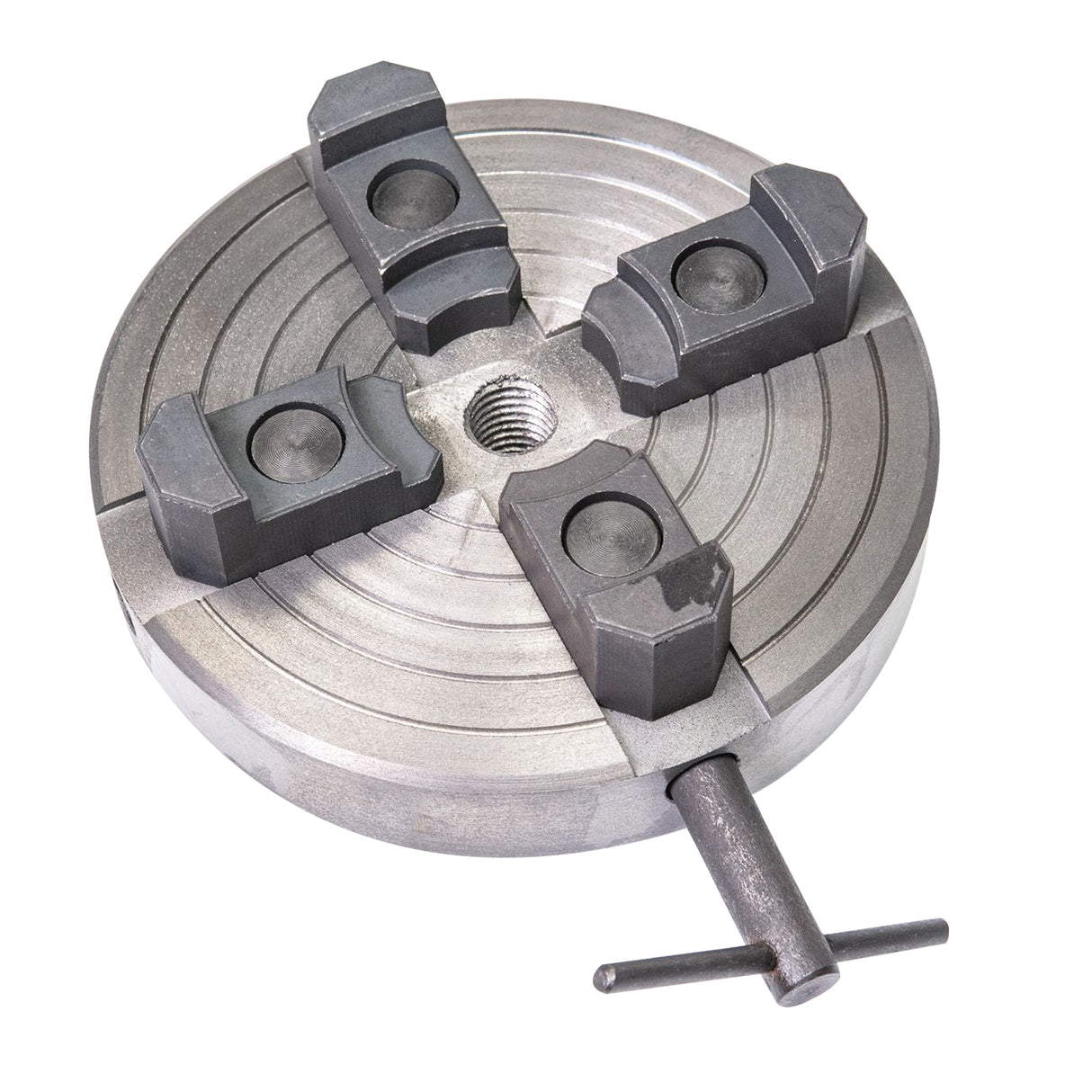 Mandrin en métal gris avec quatre mors réglables, conçu pour un tour à bois, surface lisse et finition robuste, idéal pour le travail du bois