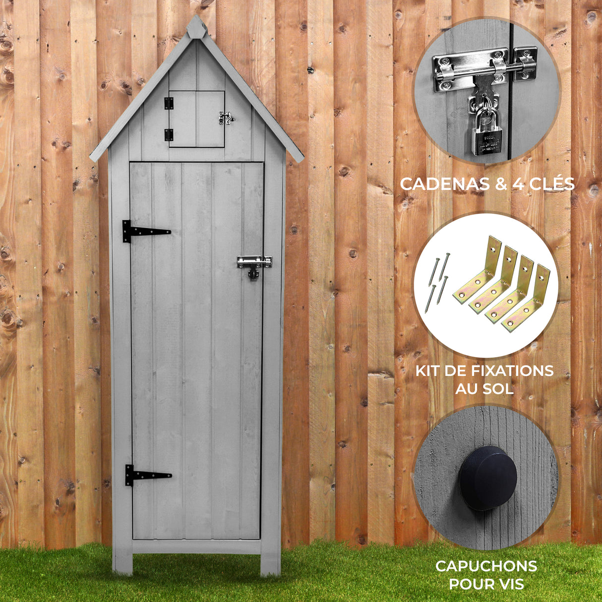 Abri de jardin en bois gris clair avec toit en pente, serrure, cadenas, et accessoires de fixation au sol sur fond en bois naturel