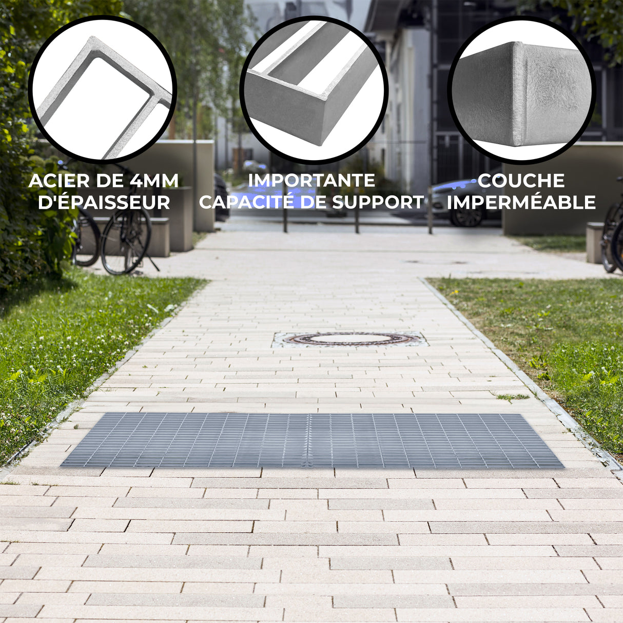 Grille caillebotis en acier galvanisé de 800 x 800 mm, surface lisse, résistante, avec une finition imperméable et robuste