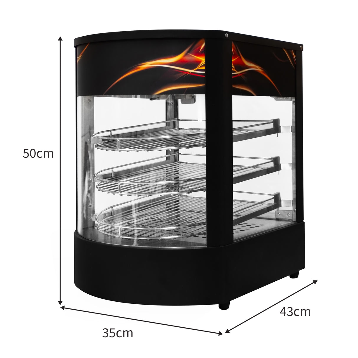 Vitrine chauffante commerciale pour pizzas, noire avec trois étagères en métal, éclairage LED et design moderne, dimensions 50x43x35 cm