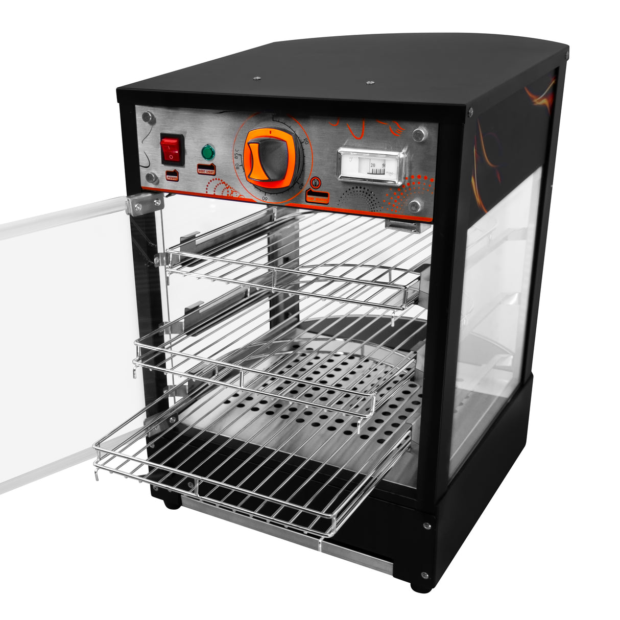 Vitrine chauffante commerciale pour pizzas, noire et argentée, avec portes en verre, étagères en métal et commandes intuitives