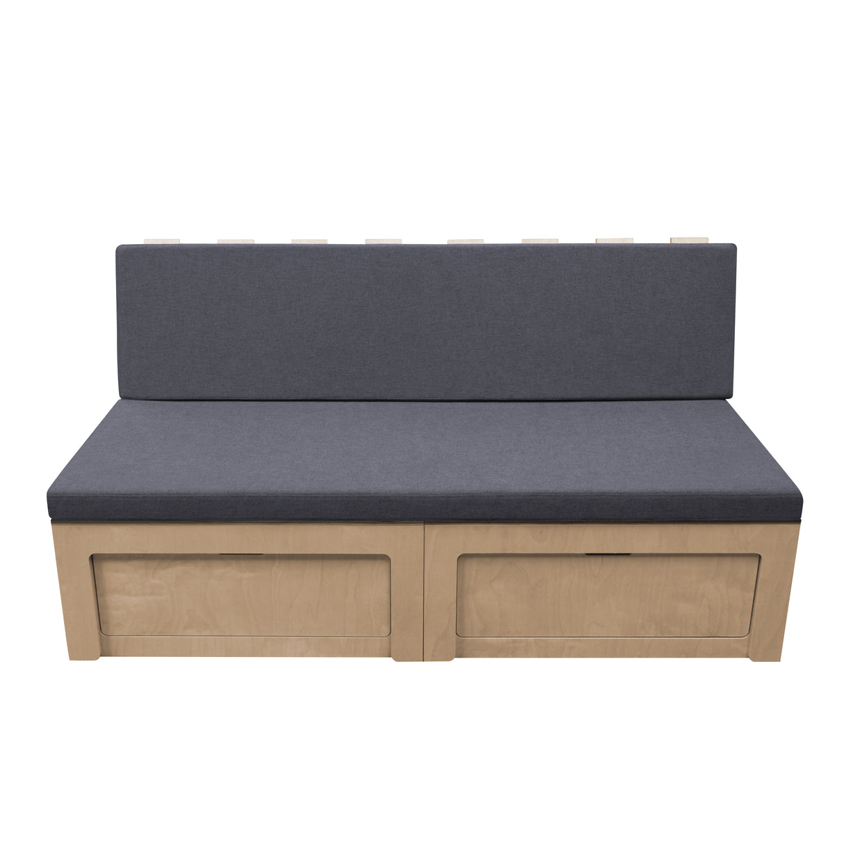 Canapé-lit pour camping-car avec coussins gris foncé, structure en bois clair et rangement intégré sous l'assise