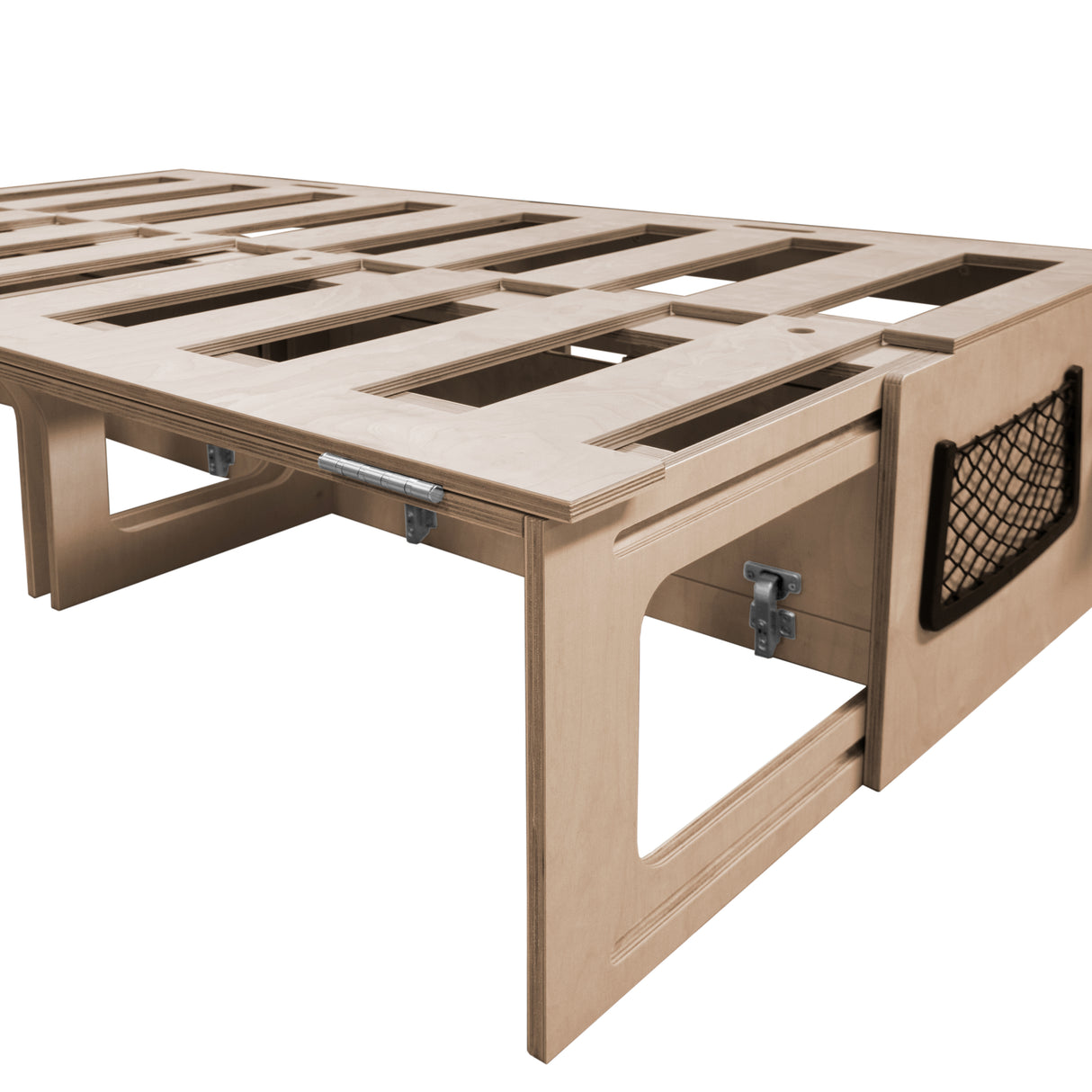 Canapé-lit en bois clair pour camping-car, avec une structure robuste et un design pratique, idéal pour optimiser l'espace de vie