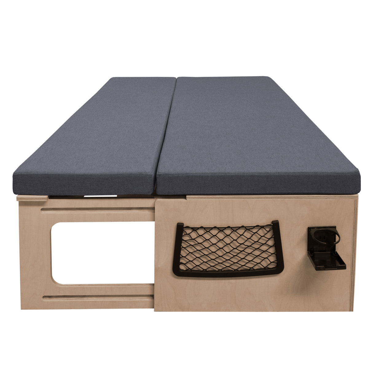 Canapé-lit pour camping-car avec matelas gris, structure en bois clair, rangement en filet et porte-gobelet intégré