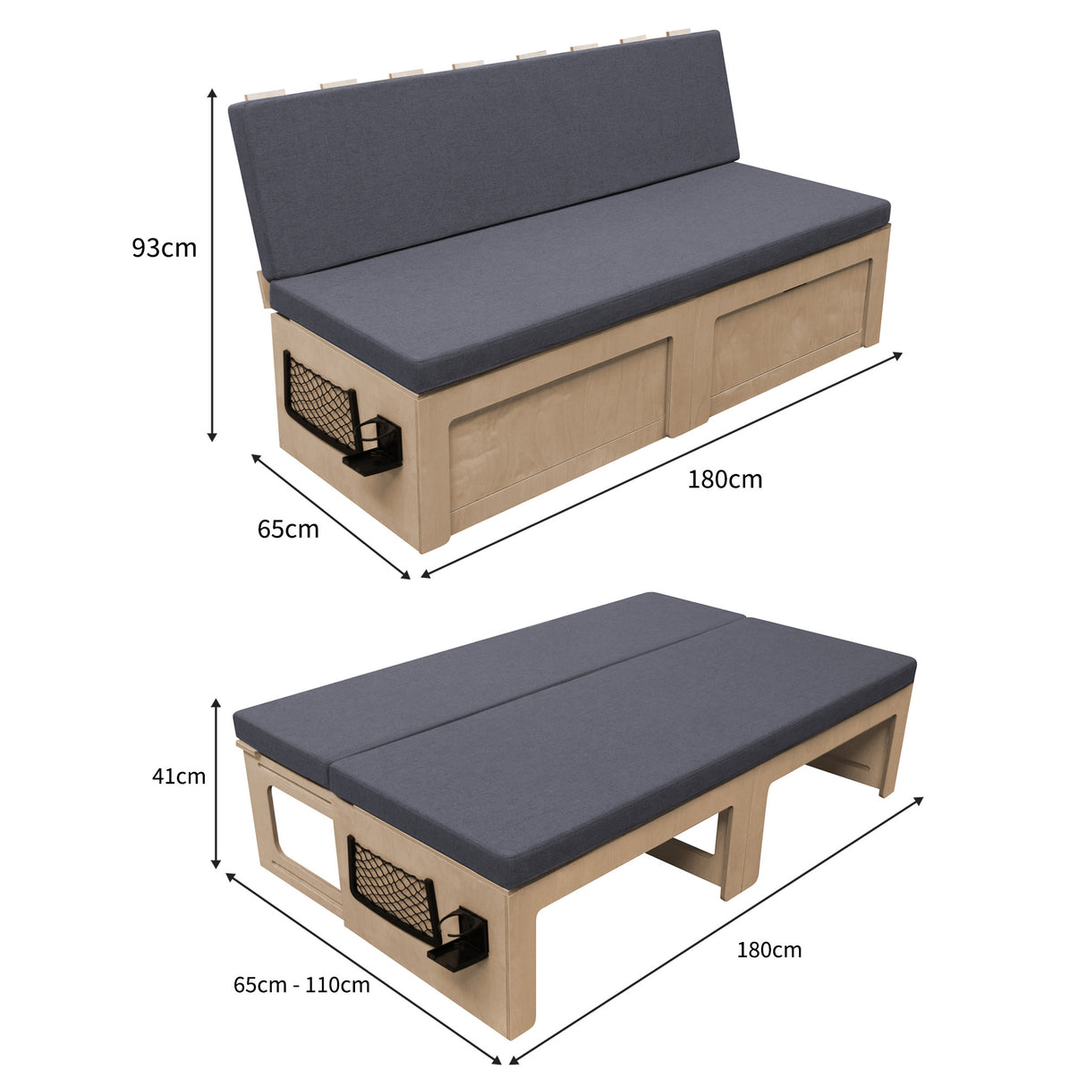 Canapé-lit pour camping-car en bois, matelas gris, dimensions 180x65 cm, convertible en lit, design moderne et pratique