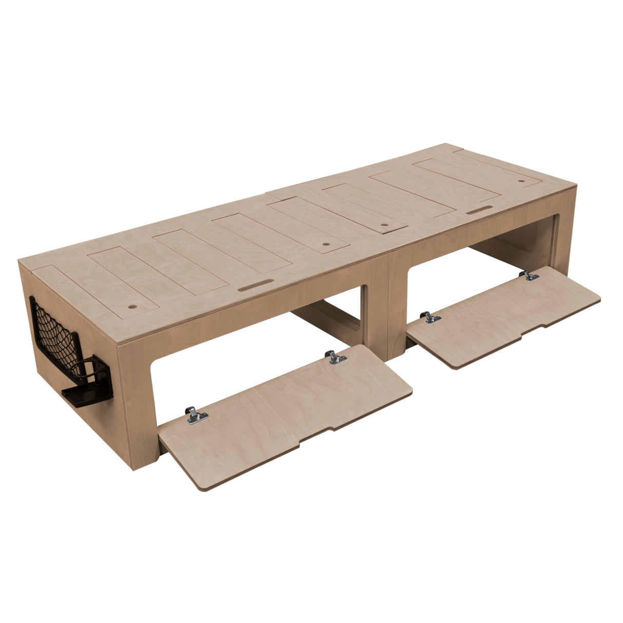 Canapé-lit en bois clair pour camping-car, avec rangement intégré et finitions lisses, idéal pour un espace optimisé et confortable