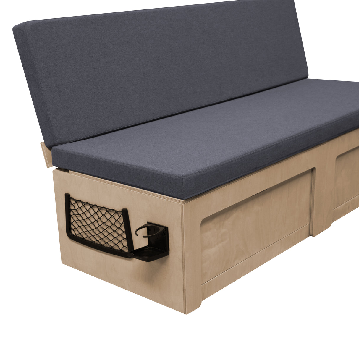 Canapé-lit pour camping-car avec coussin gris, structure en bois clair, rangement intégré et design moderne et fonctionnel