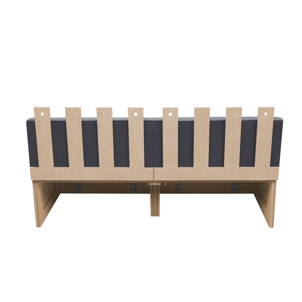 Canapé-lit pour camping-car en bois clair avec un rembourrage gris, design moderne et structure robuste, idéal pour les espaces réduits