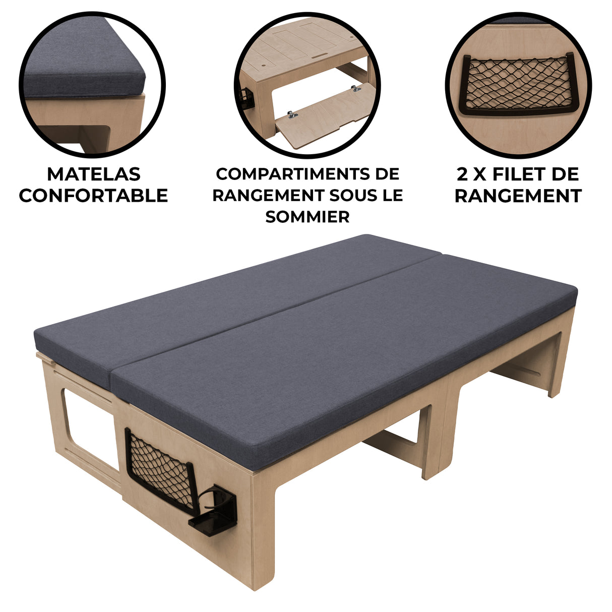 Canapé-lit pour camping-car avec matelas gris, compartiments de rangement sous le sommier et filets de rangement pratiques