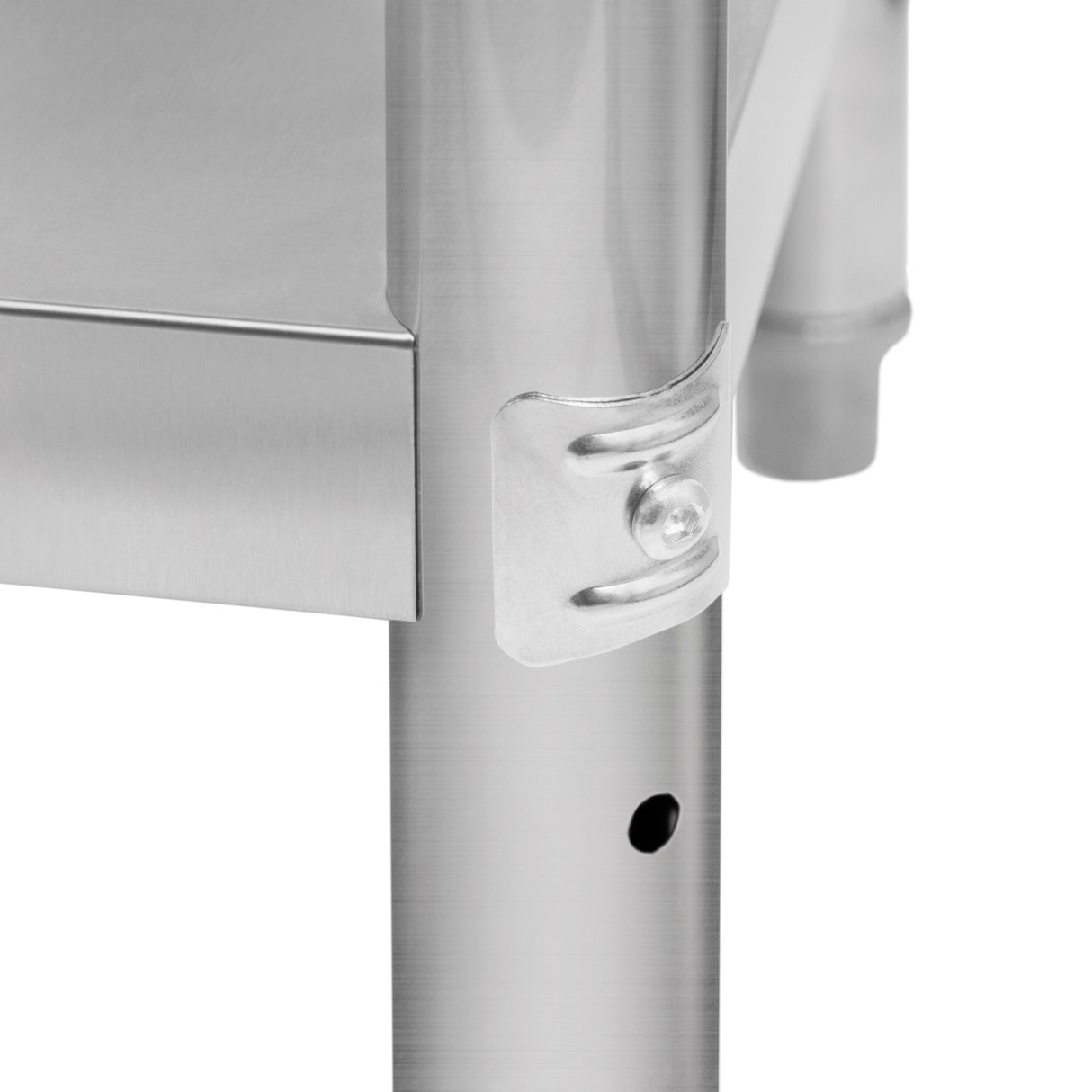 Plan de travail en inox brillant, dimensions 76 x 45 x 86 cm, avec coins arrondis et pieds robustes en acier inoxydable