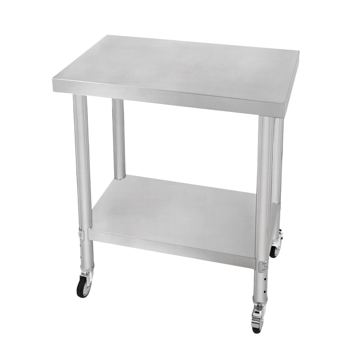 Plan de travail en inox argenté, dimensions 76 x 45 x 86 cm, avec roulettes et étagère inférieure pour un rangement pratique