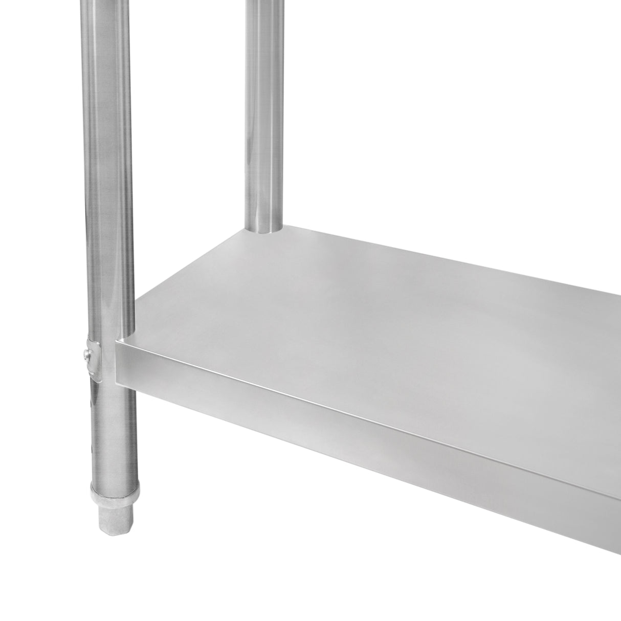 Plan de travail en inox brillant, dimensions 76 x 45 x 86 cm, surface lisse et résistante, avec étagère inférieure robuste
