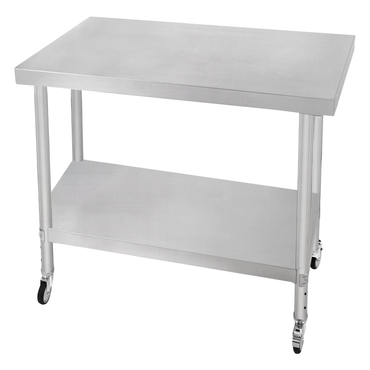 Plan de travail en inox KuKoo, dimensions 76 x 90 x 86 cm, surface lisse et brillante, avec étagère inférieure et roulettes pour mobilité