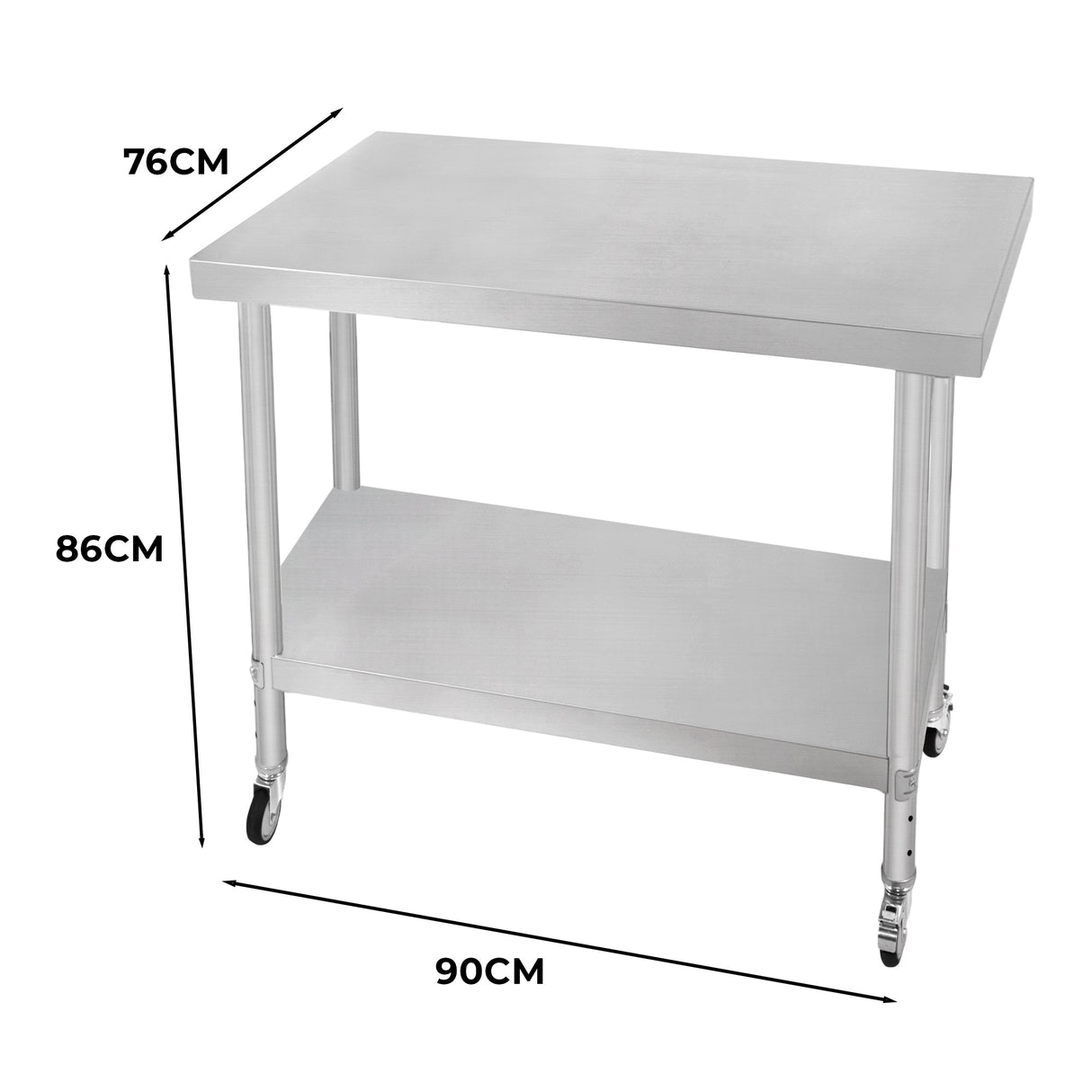 Plan de travail en inox brillant, dimensions 76 x 90 x 86 cm, avec étagère inférieure et roulettes pour mobilité facile