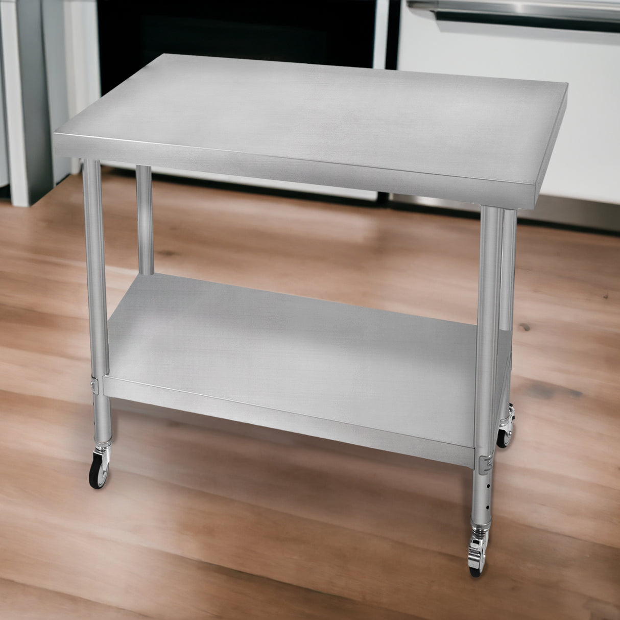 Plan de travail en inox de 76 x 90 x 86 cm, surface lisse et brillante, avec étagère inférieure et roulettes pour mobilité facile