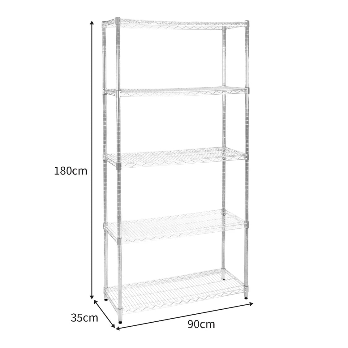 Étagère en fil d'acier argenté, dimensions 35 cm x 90 cm x 180 cm, avec quatre étagères ouvertes et un design moderne et épuré