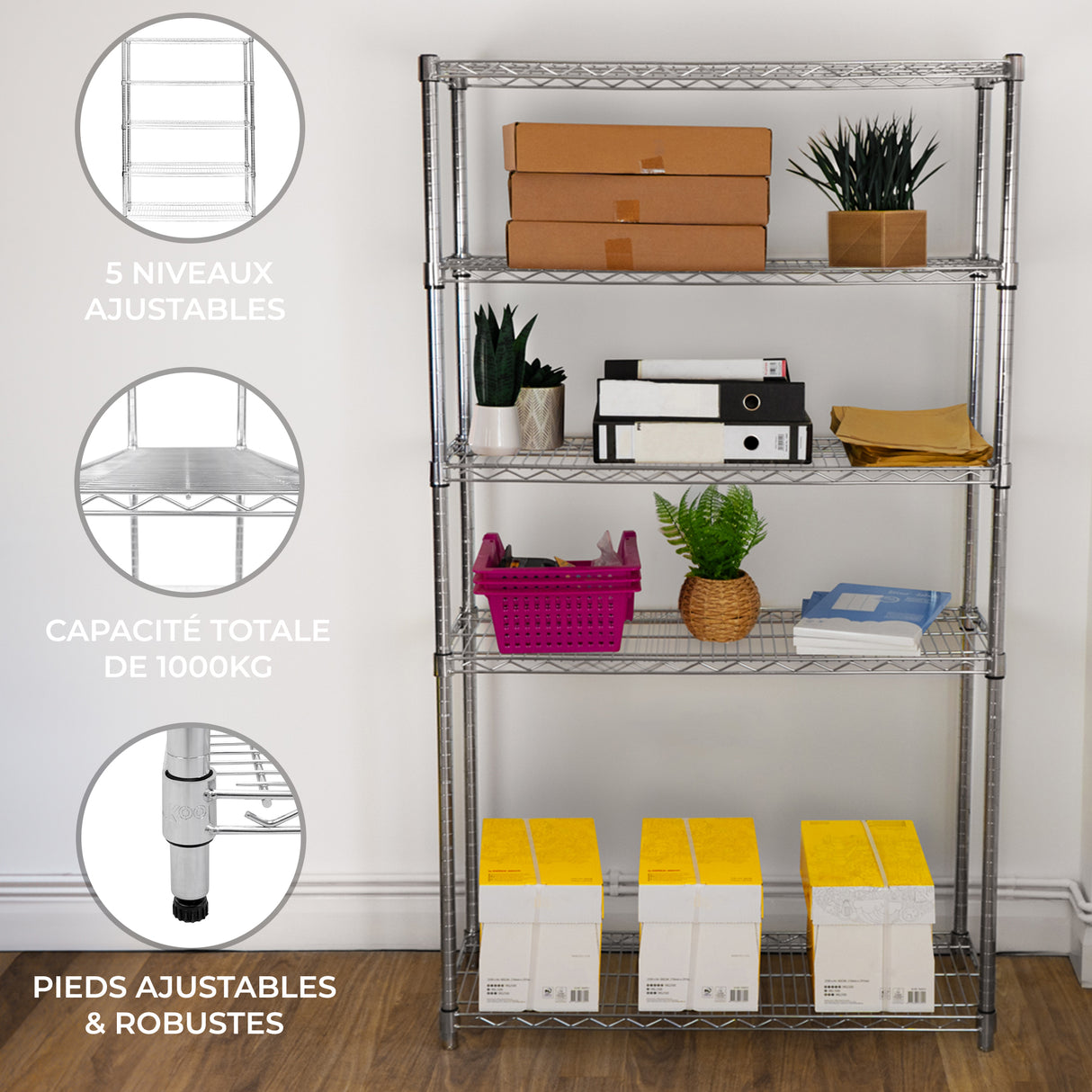Étagère en fil d'acier argenté de 180 cm avec cinq niveaux ajustables, idéale pour le rangement, robuste et moderne