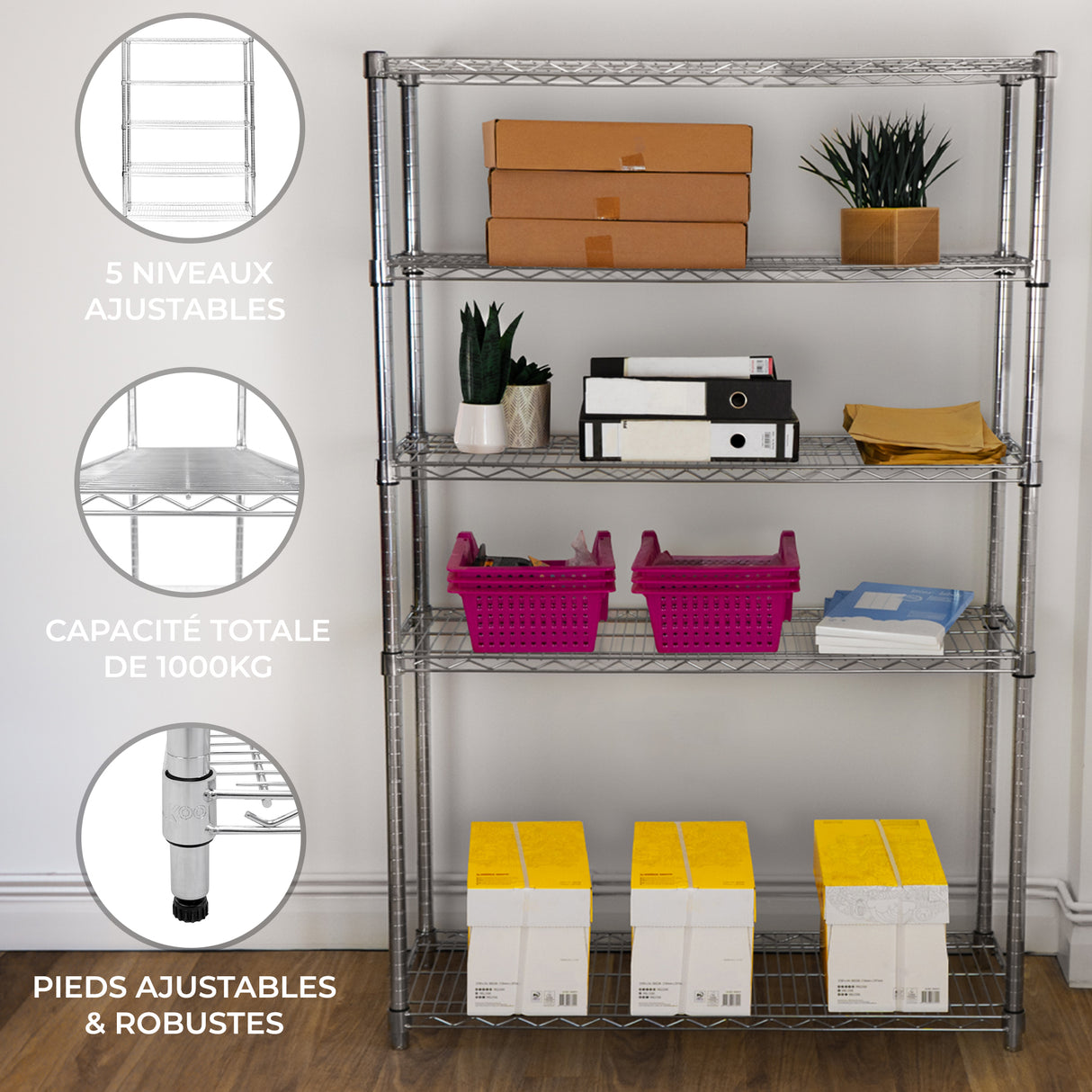 KuKoo Étagère en Fil d'Acier 45 cm x 150 cm x 180 cm