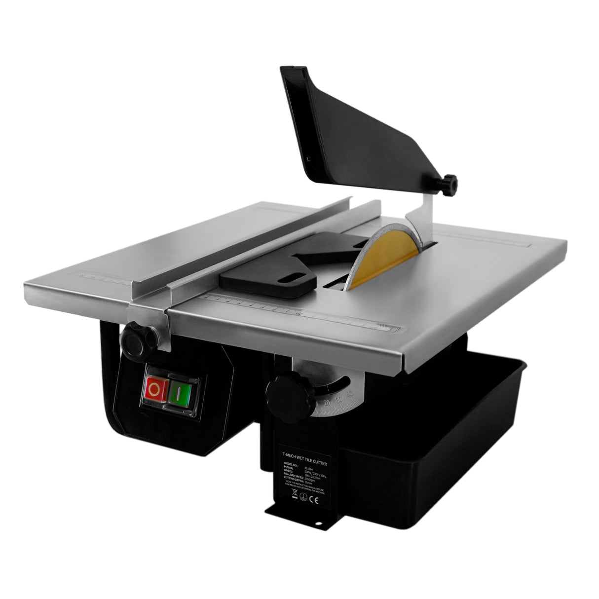 Scie à eau T-Mech pour carrelage, 180 mm, 600 W, avec table en acier inoxydable, bouton de contrôle rouge et vert, réservoir noir