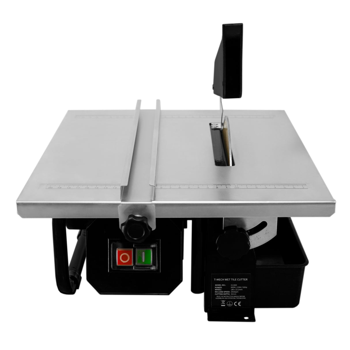 Scie à eau pour carrelage T-Mech, 180 mm, 600 W, avec surface en métal argenté, bouton d'alimentation rouge et vert, lame visible