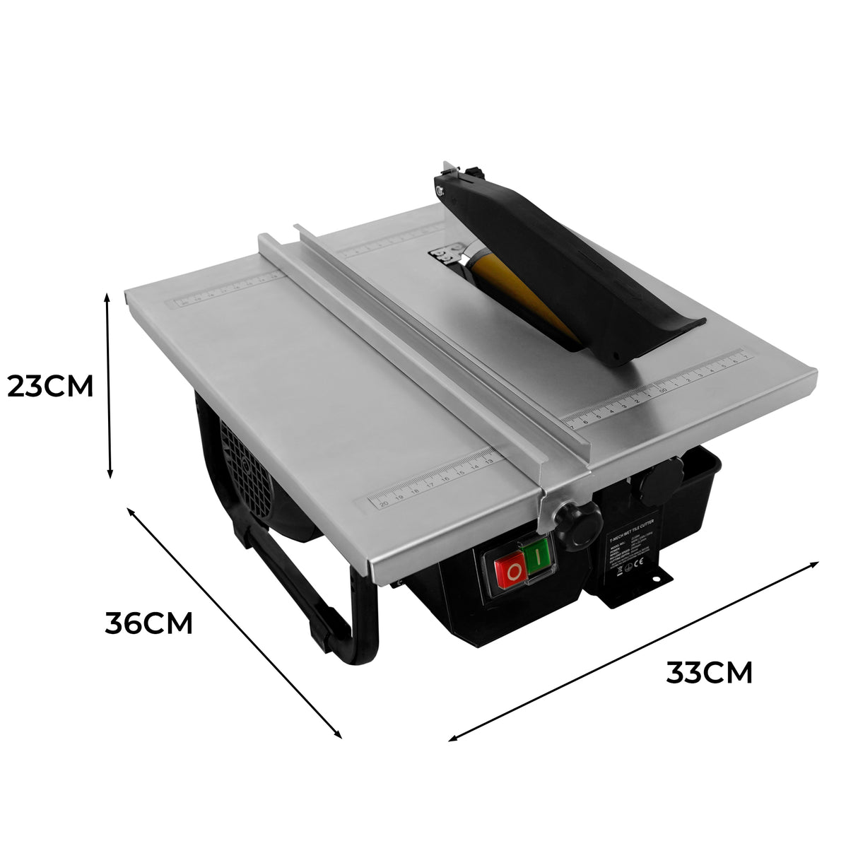Scie à eau pour carrelage T-Mech, 180 mm, 600 W, avec plateau en métal argenté, poignée noire et boutons de contrôle colorés