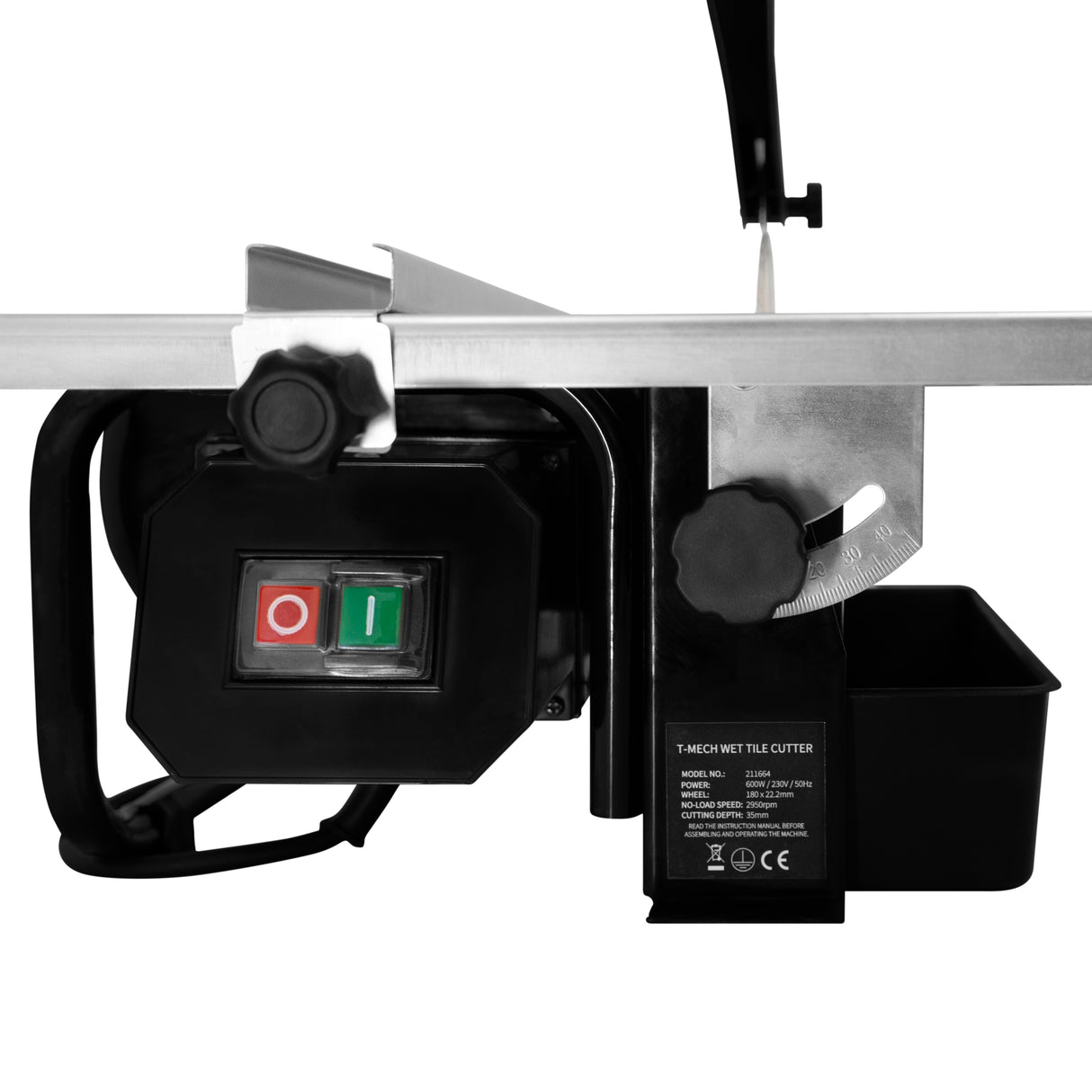 Scie à eau pour carrelage T-Mech, 180 mm, 600 W, avec boutons de contrôle rouge et vert, structure noire robuste et guide de coupe en métal