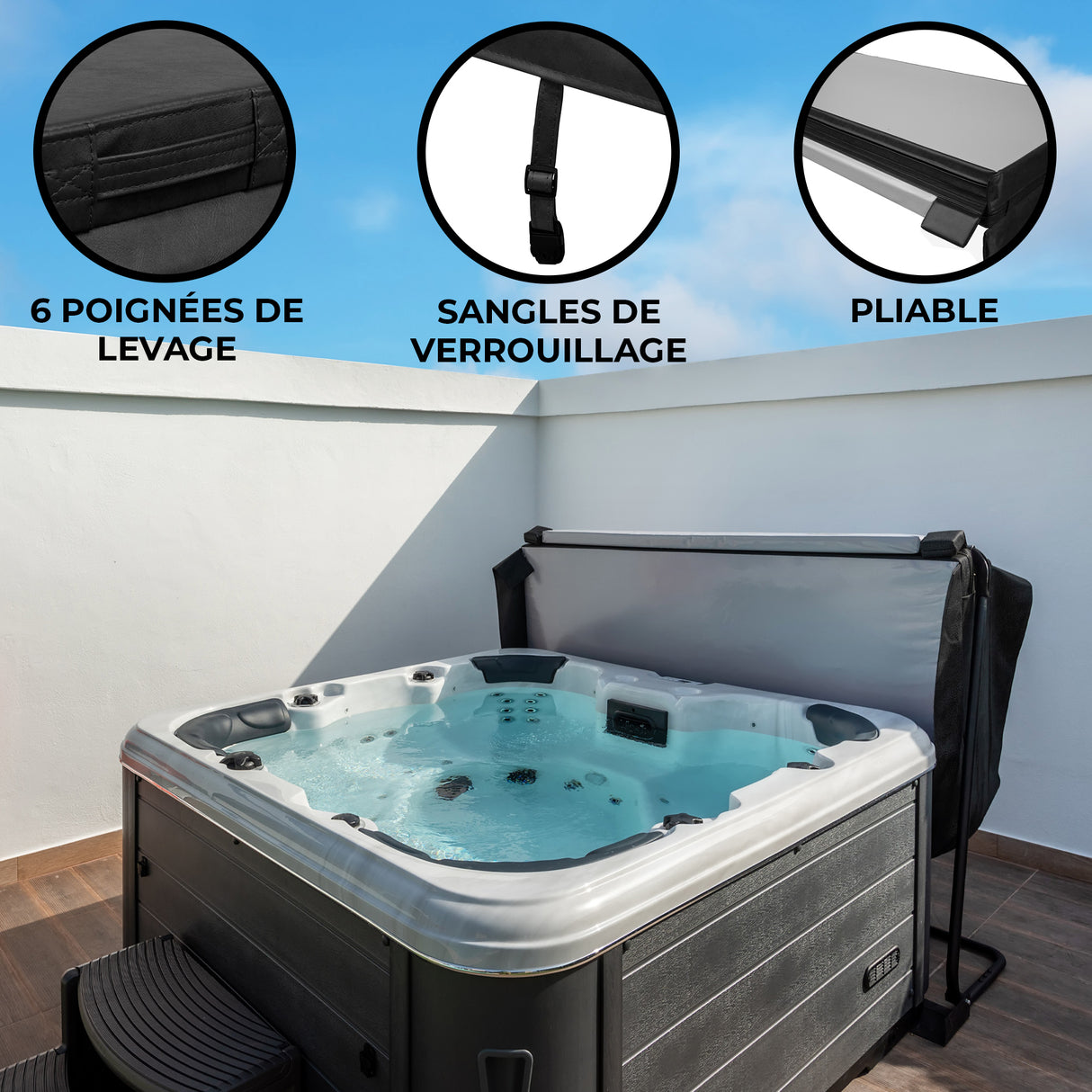 Housse de spa noire pliable de 200 cm x 200 cm, avec sangles de verrouillage et poignées de levage pour un usage pratique et sécurisé