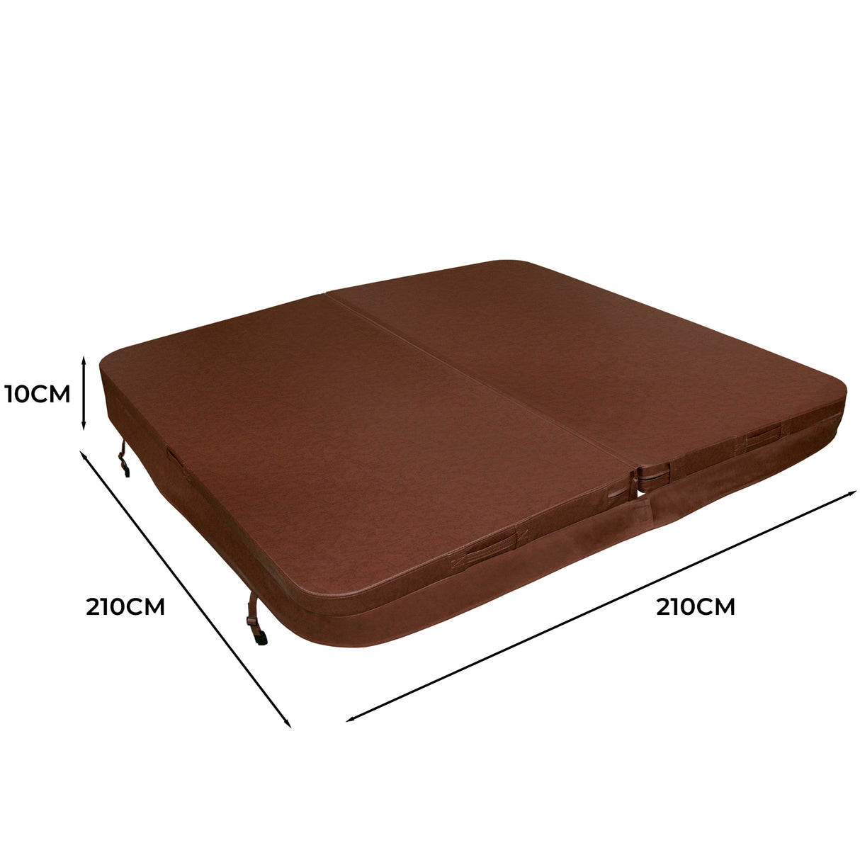 Housse de spa marron de 210 cm x 210 cm, texture lisse, résistante, avec des dimensions clairement indiquées sur les côtés