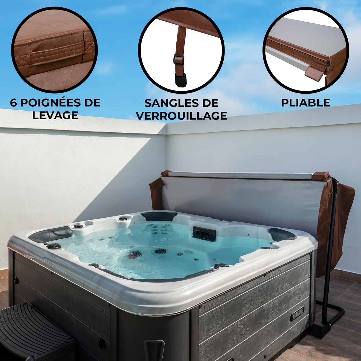 Housse de spa marron pliable de 220 cm x 220 cm avec 6 poignées de levage et sangles de verrouillage, idéale pour protéger votre spa