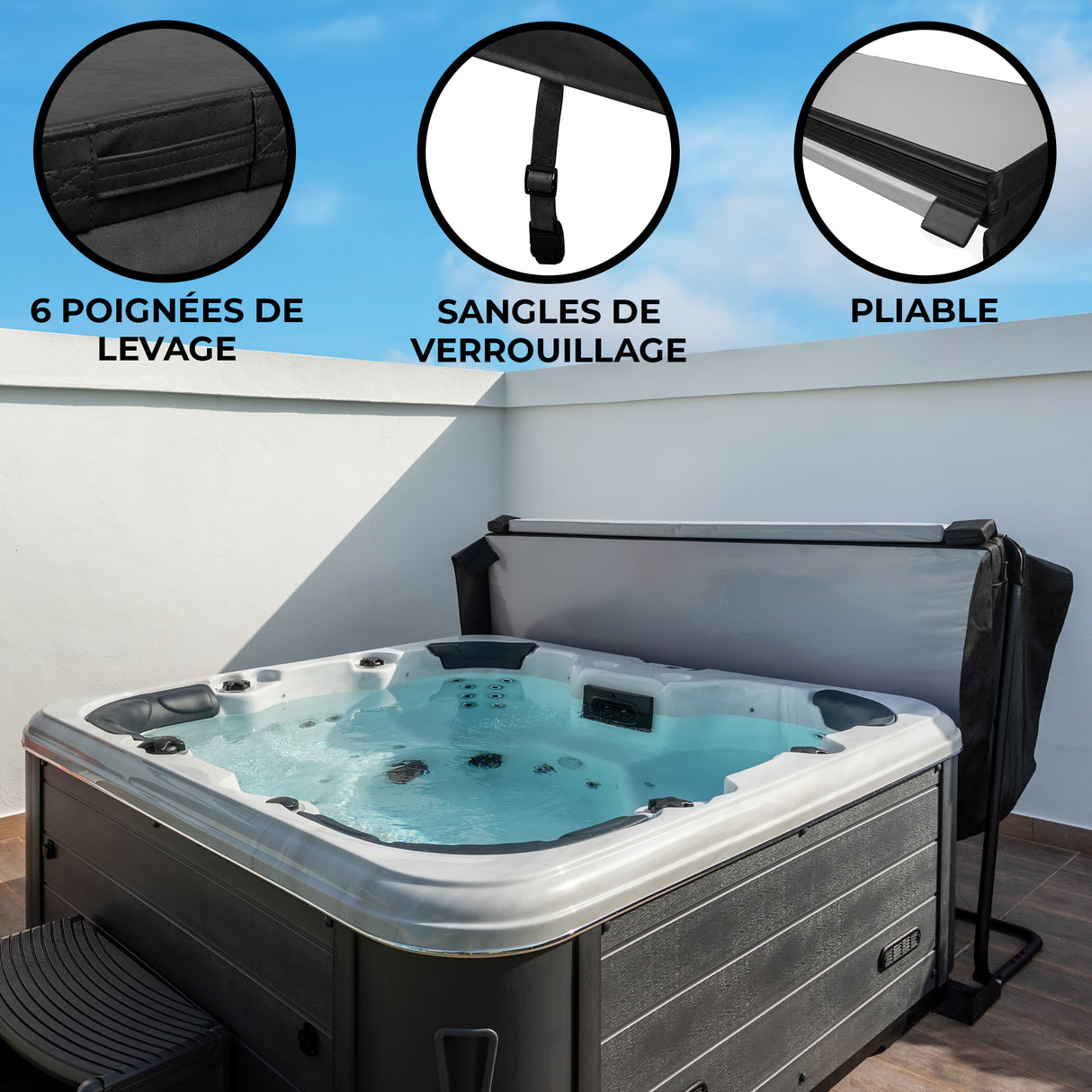 Housse de spa Jardi noire, 220 cm x 220 cm, avec poignées de levage et sangles de verrouillage, pliable et résistante aux intempéries
