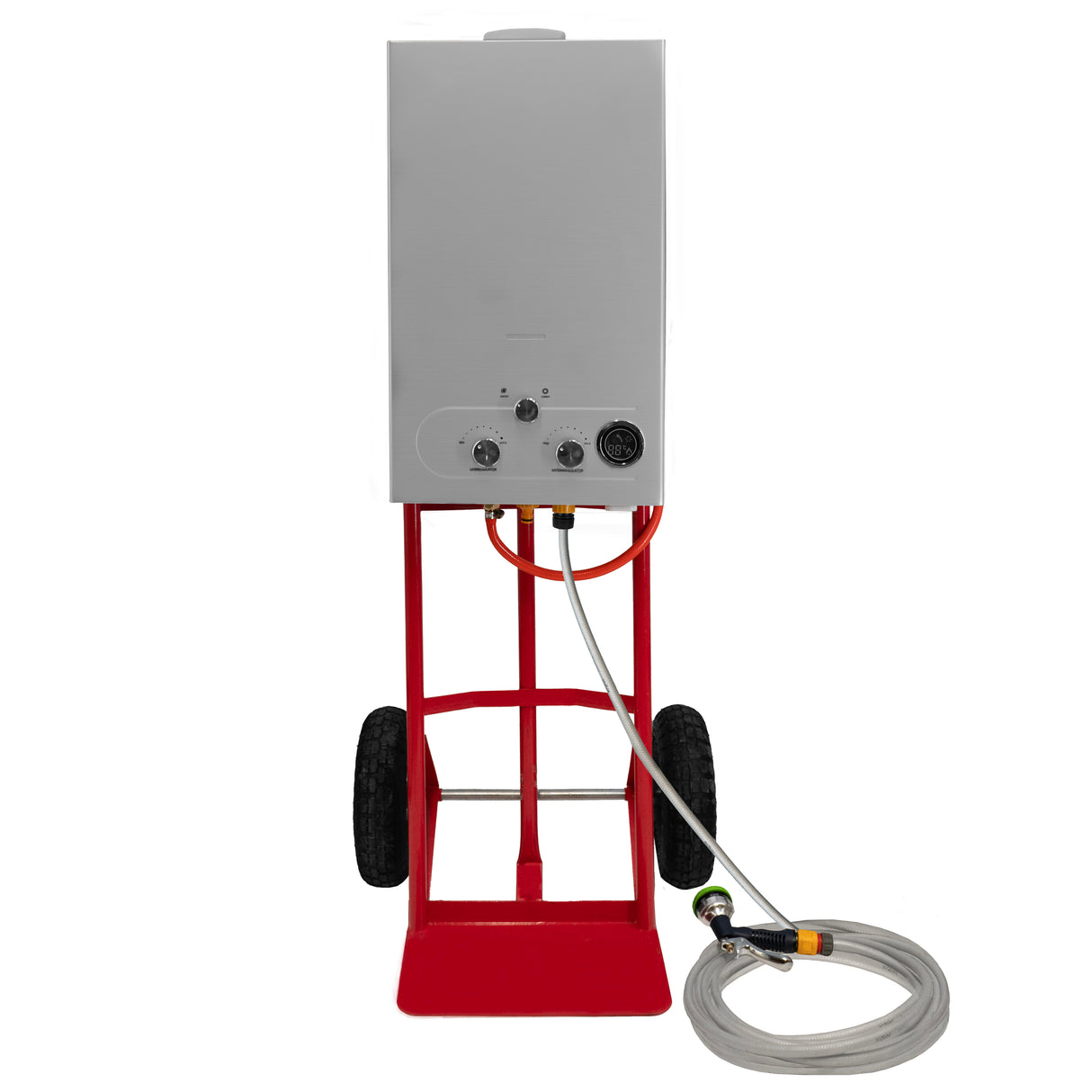 Douche portable pour chevaux de 18 L, avec châssis rouge, roues noires, et tuyau flexible pour un lavage facile et pratique