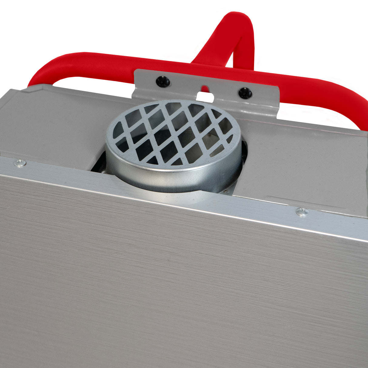 Douche portable pour chevaux de 18 L, en aluminium argenté avec un couvercle en métal gris et une poignée rouge ergonomique