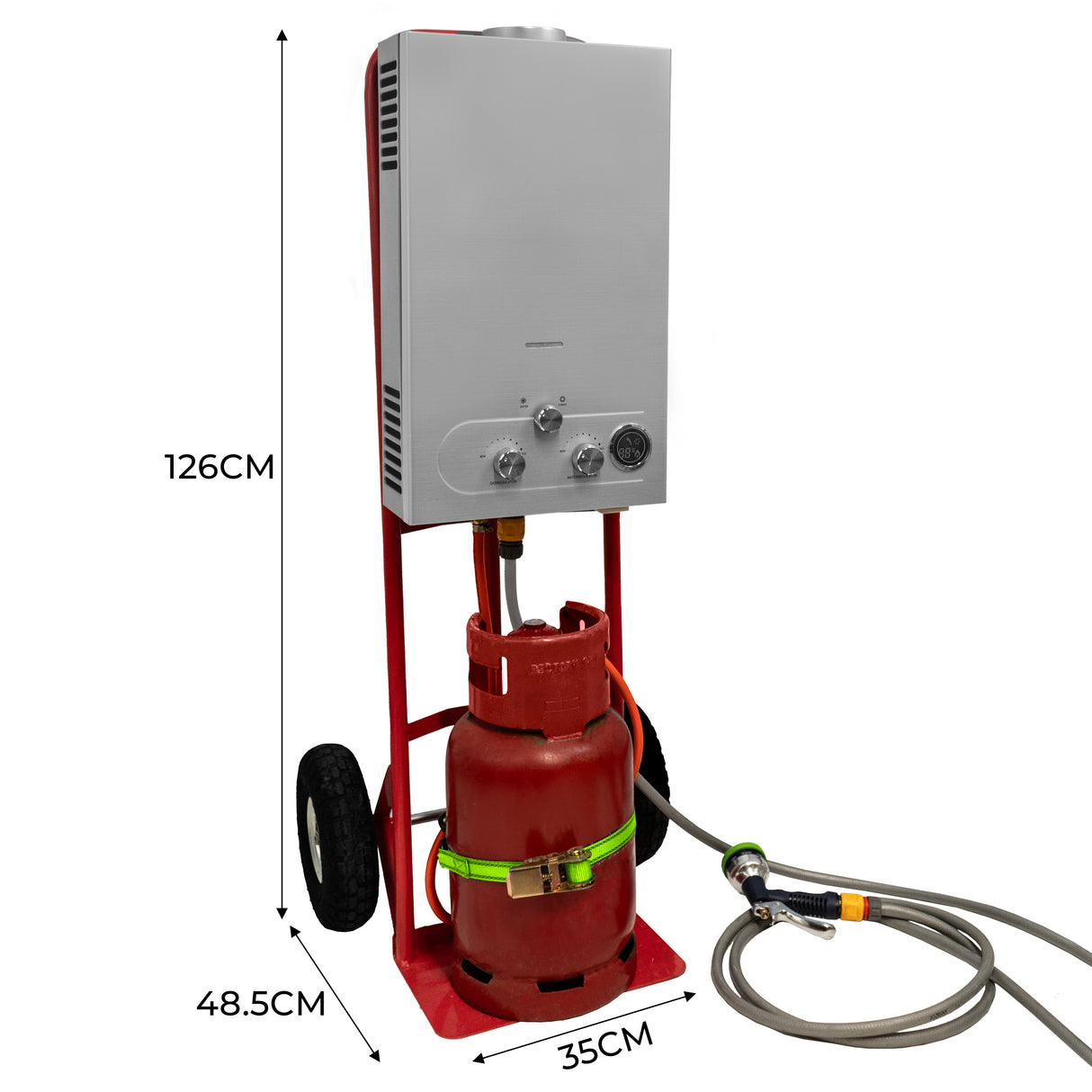 Douche portable pour chevaux de 18 L, avec réservoir rouge, tuyau flexible, et panneau de contrôle en acier inoxydable, dimensions 126 cm x 35 cm