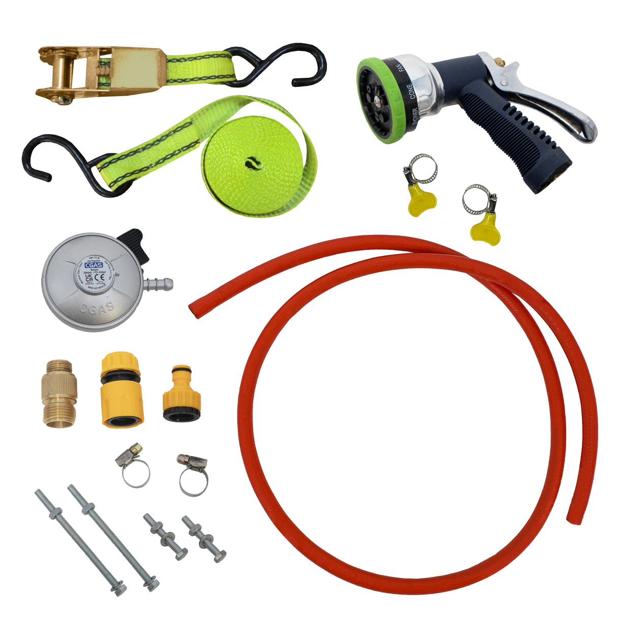 Douche portable pour chevaux de 18 L avec tuyau rouge, pistolet, attaches, et accessoires en vert et noir, idéal pour le toilettage