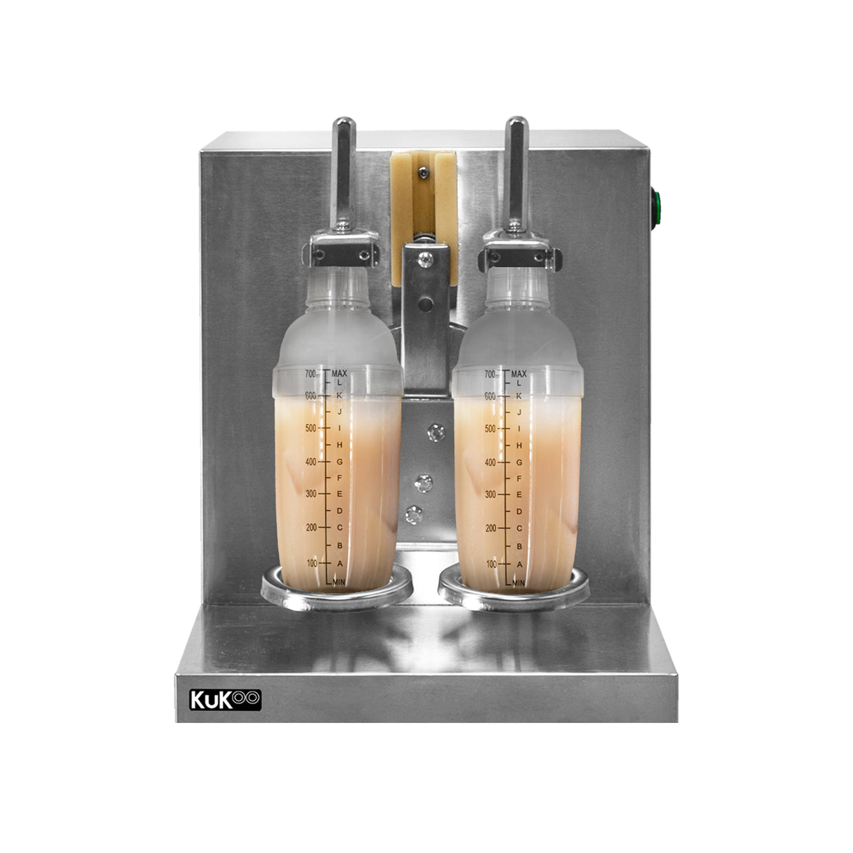 Shaker automatique KuKoo pour bubble tea, en acier inoxydable, avec deux bouteilles transparentes graduées et robinet en métal
