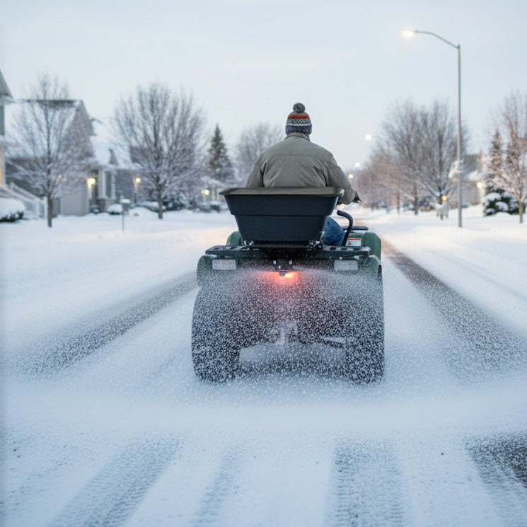 Épandeur remorqué pour ATV quad, noir, en action sur une route enneigée, laissant une traînée de sel sur la neige fraîche