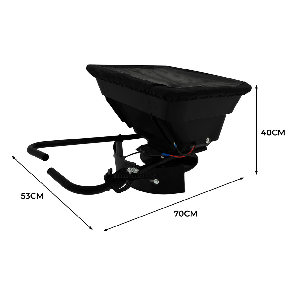 Épandeur remorqué pour ATV quad, noir, avec un réservoir de 70 cm de large et 40 cm de haut, conçu pour une utilisation robuste et efficace