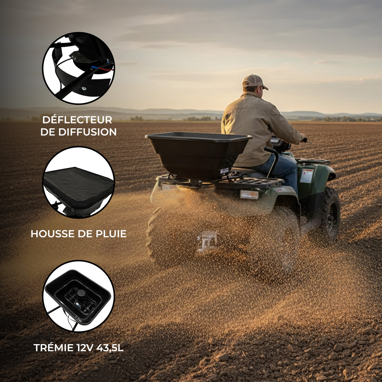 Épandeur remorqué pour ATV quad, noir, avec trémie de 43,5 L, housse de pluie, diffusant des granulés sur un champ poussiéreux au coucher du soleil