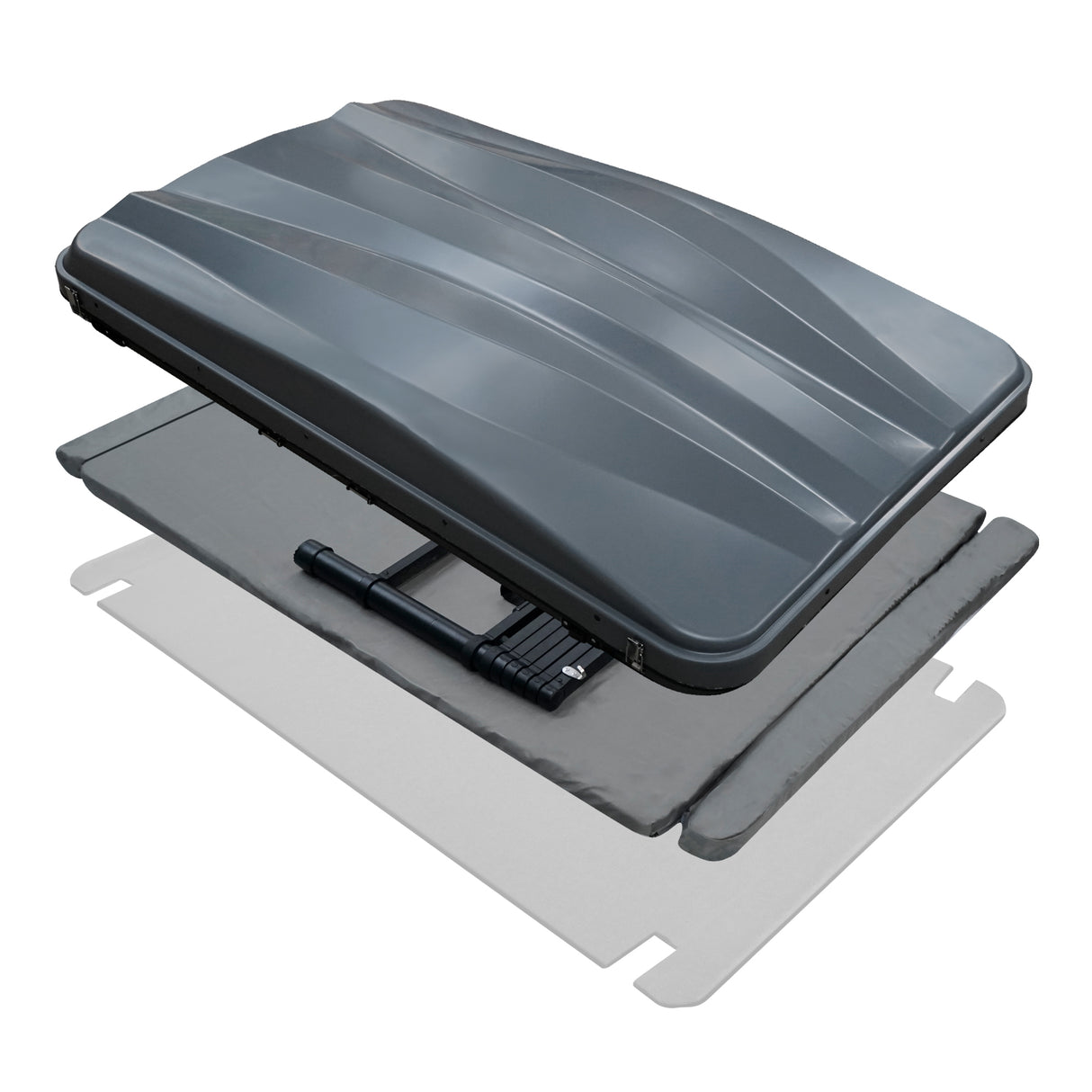 Tente de toit pour voiture en gris, avec une surface lisse et texturée, incluant des accessoires pour un montage facile et sécurisé