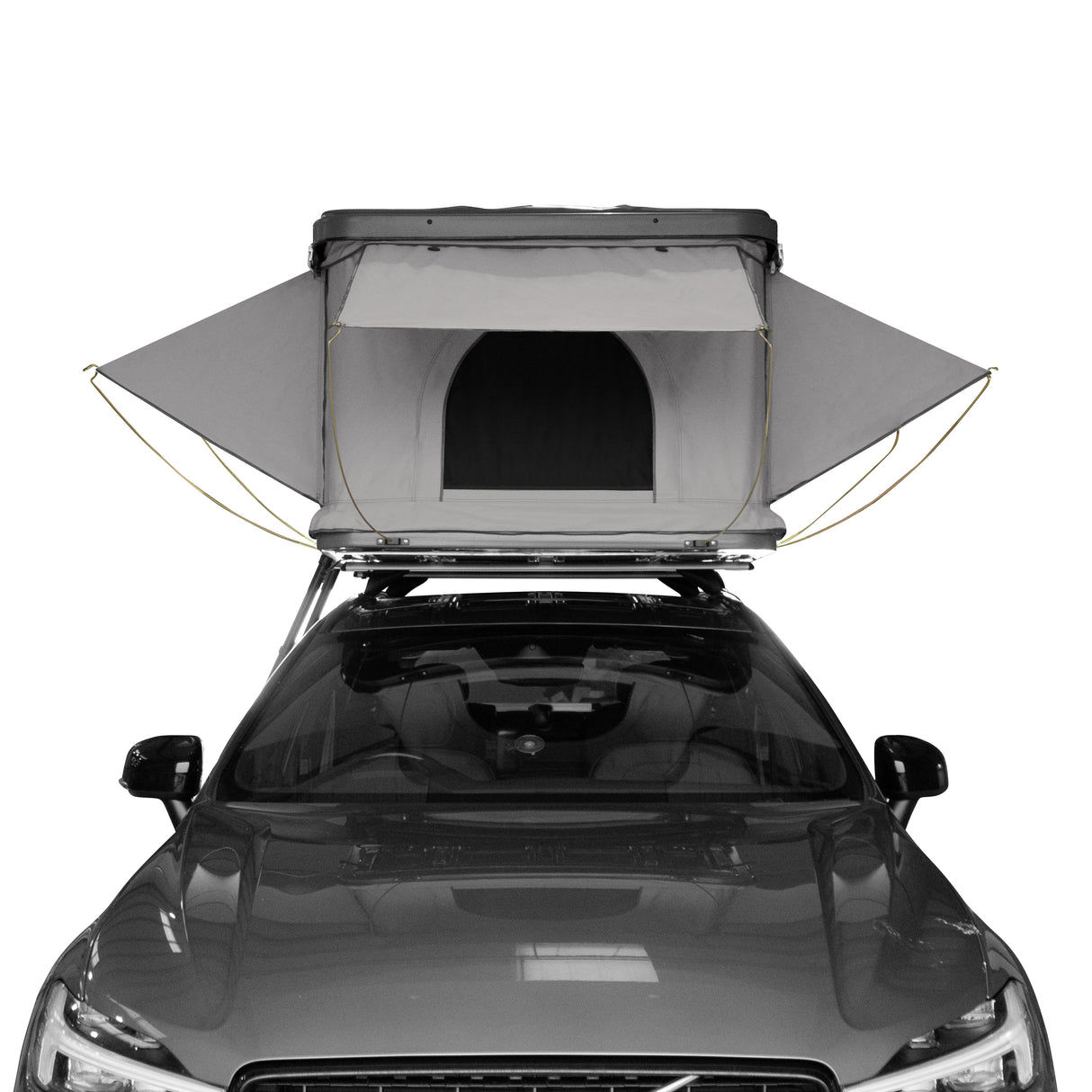 Tente de toit grise pour voiture, avec une structure en toile robuste, fenêtres ouvertes et un design aérodynamique pour le camping