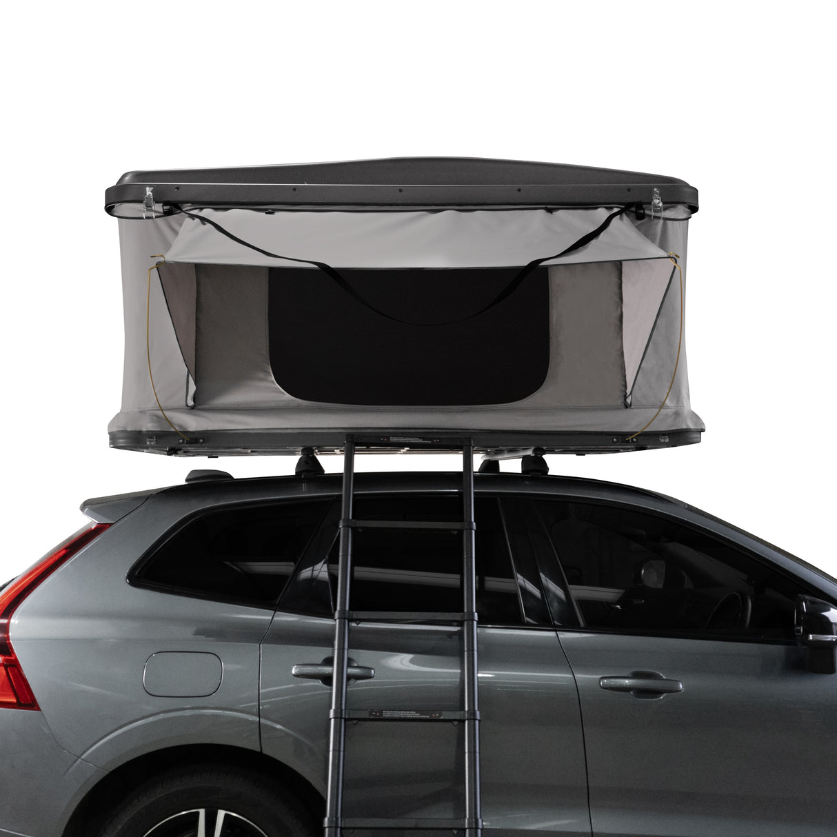 Tente de toit grise pour voiture, avec une échelle, offrant un espace de couchage confortable et une protection contre les intempéries