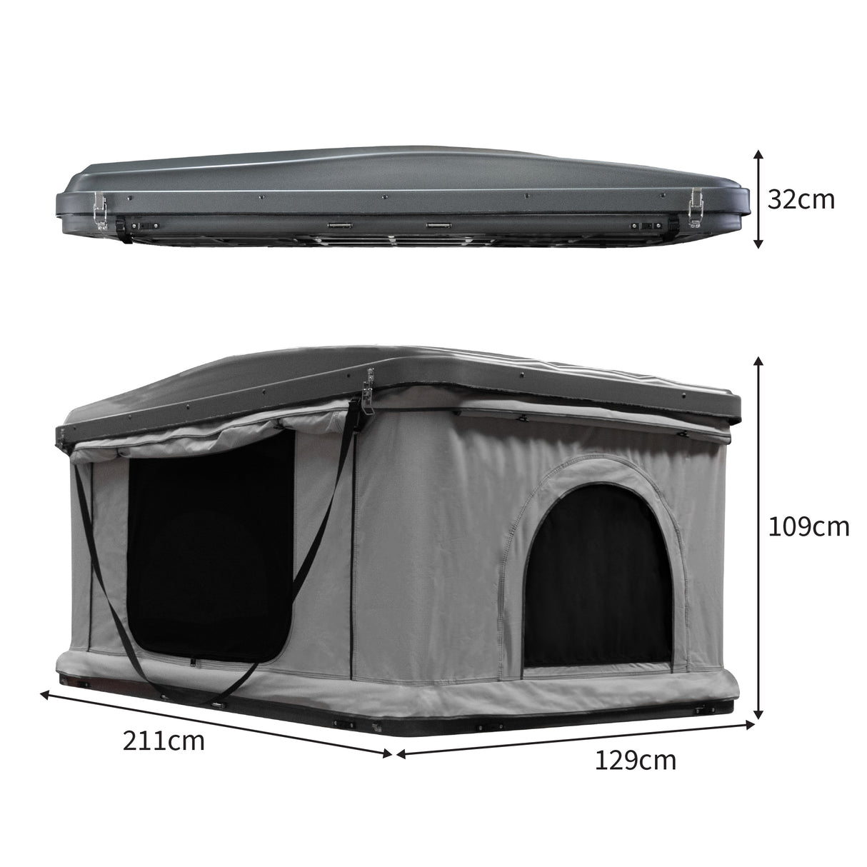 Tente de toit pour voiture grise, avec un design compact, dimensions 211 cm x 129 cm x 109 cm, tissu résistant et fenêtres en maille