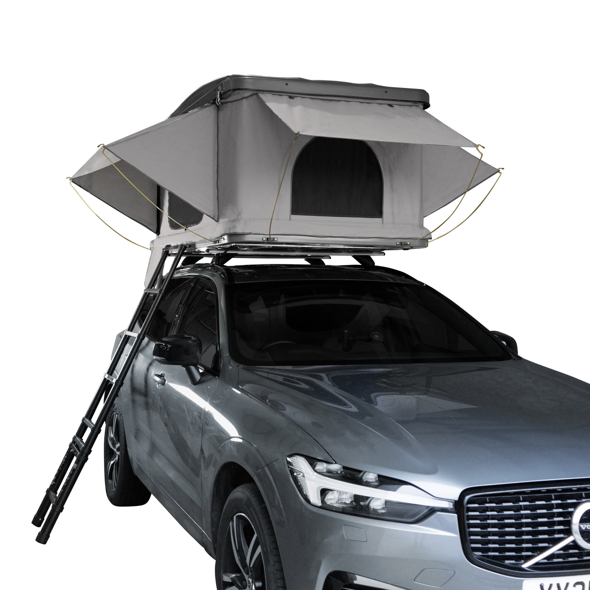Tente de toit grise pour voiture, avec une structure en toile résistante, montée sur un véhicule, échelle incluse pour un accès facile