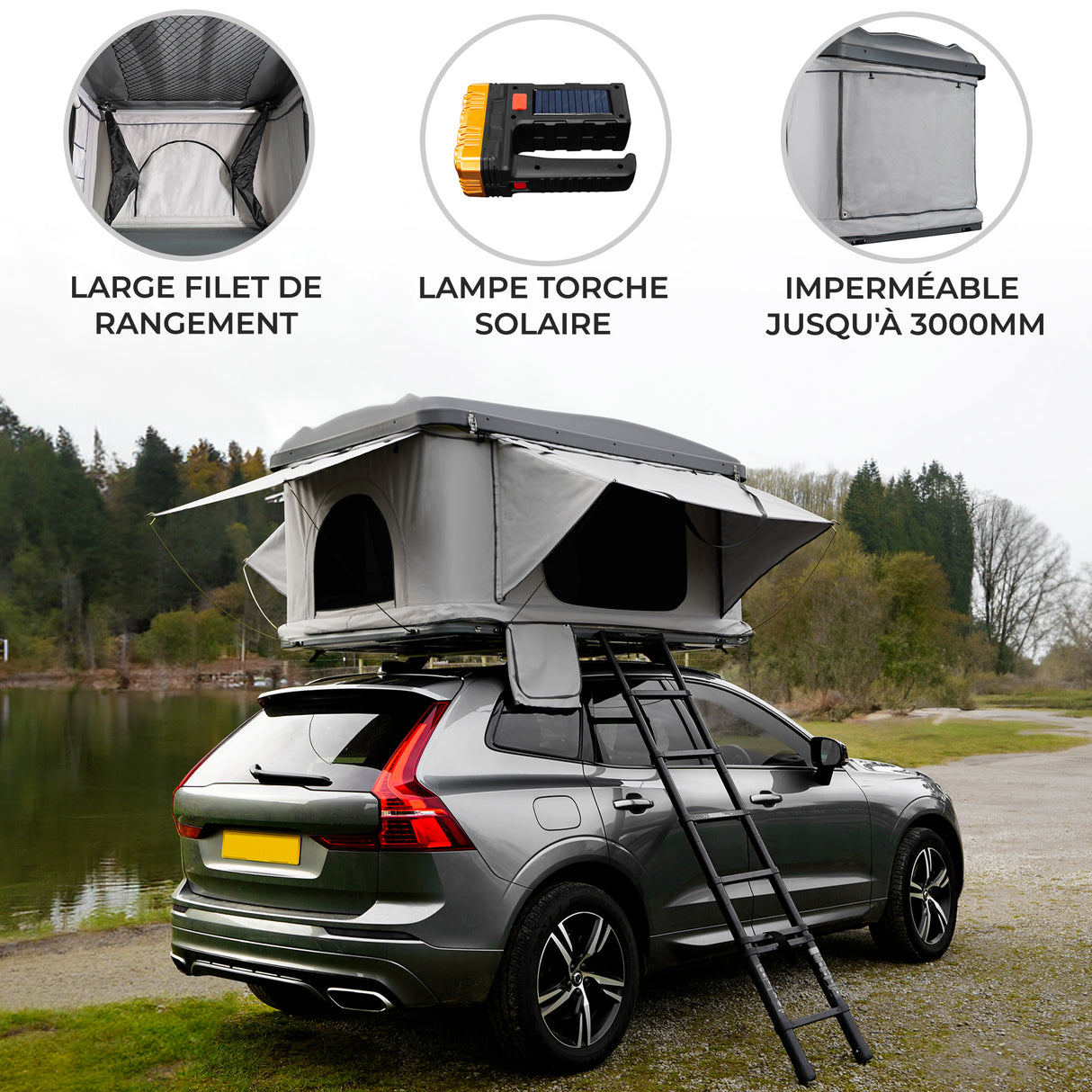 Tente de toit grise pour voiture, avec échelle, lampe solaire et grand filet de rangement, imperméable jusqu'à 3000 mm
