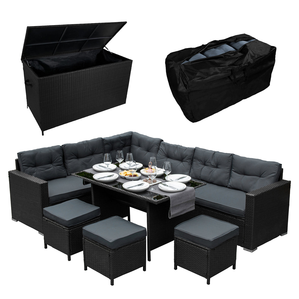 Salon de jardin en rotin noir pour 9 personnes, avec coussins gris, table basse, et coffre de rangement pratique, idéal pour l'extérieur